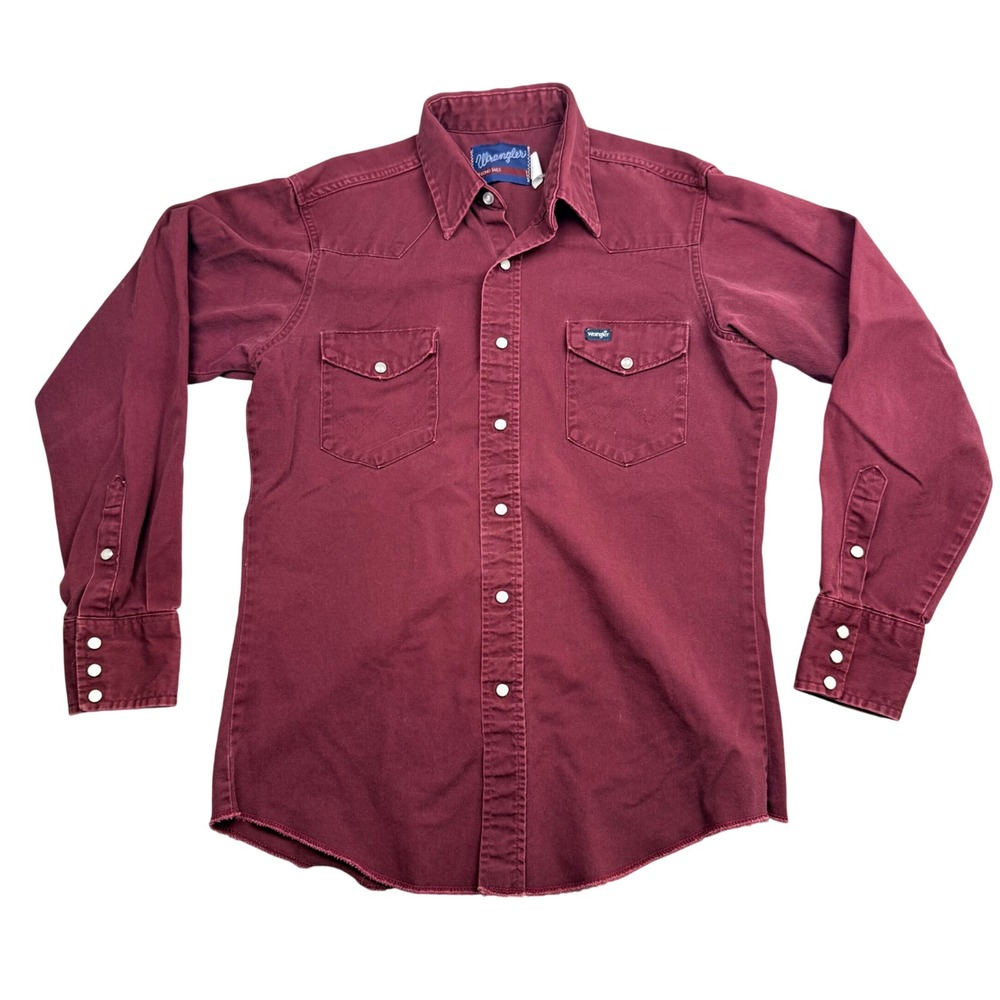 Wrangler Brushpopper Mens Med Western Shirt Burgundy Pearl Snap Long Sleeve USA